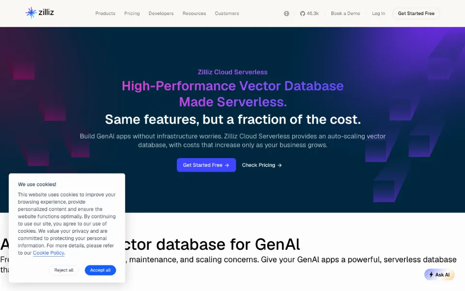 Zilliz Cloud Serverless官网首页截图
