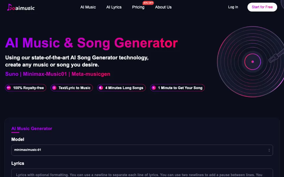 Goaimusic AI Music Generator官网首页截图