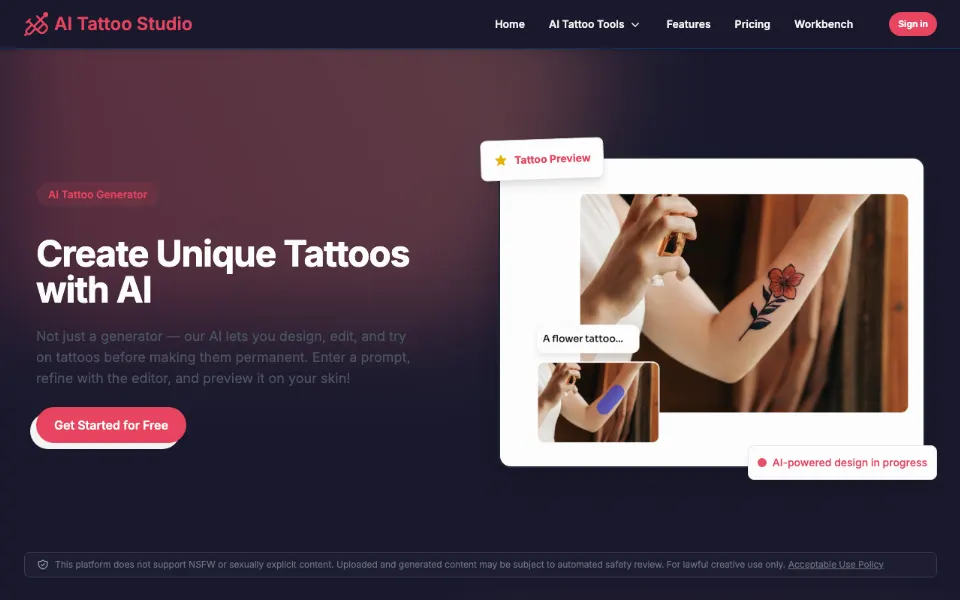 AI Tattoo Studio官网首页截图
