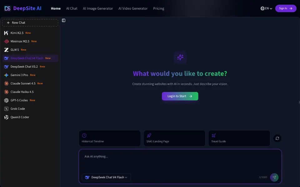 DeepSite AI官网首页截图